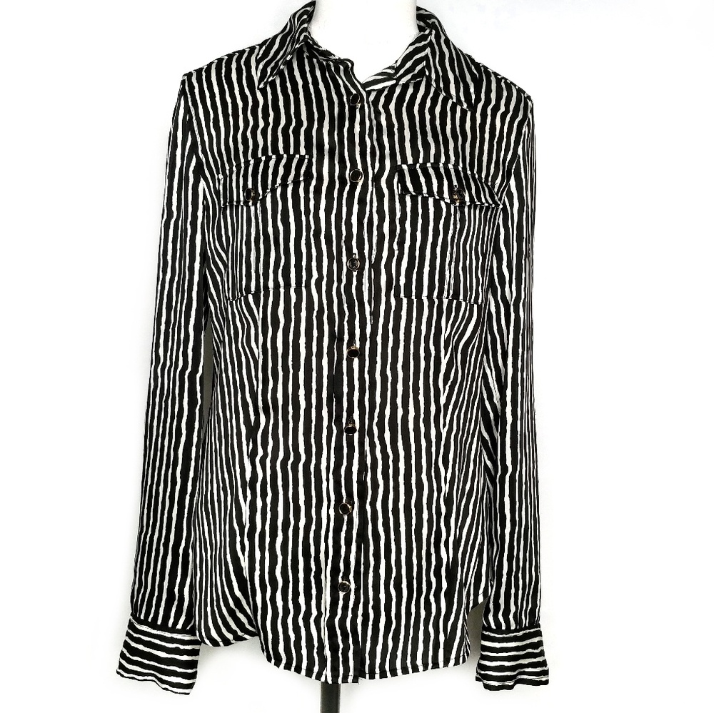Michael Michael Kors Striped Button Down Long Sleeve Shirt Black White 4